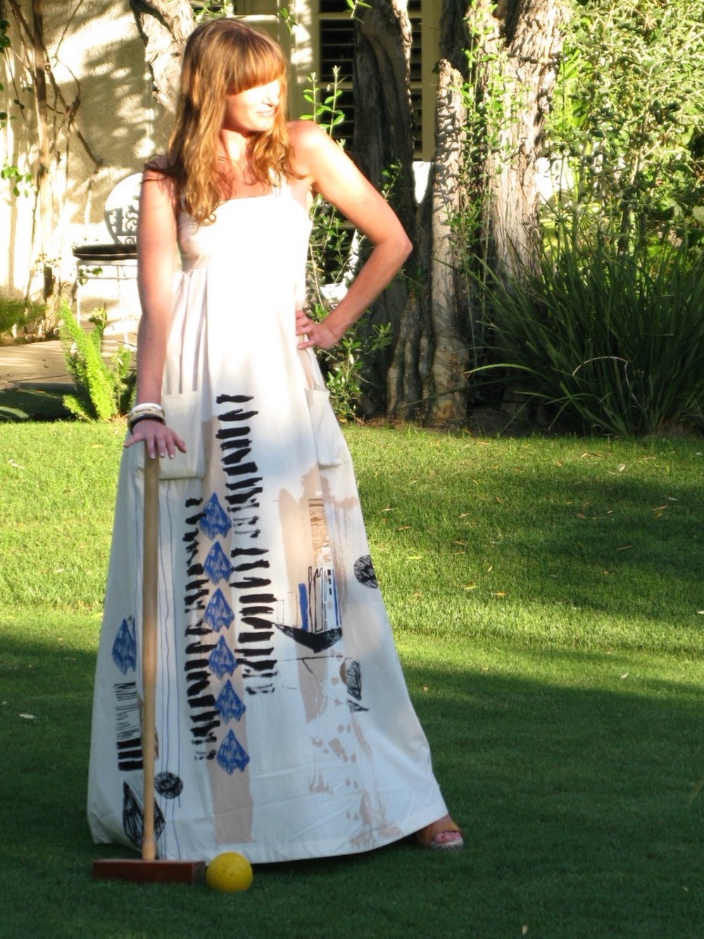 H&M Maxi Dress Cut Out Back Sketch Print Patch Pockets